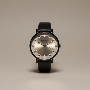 Kenneth Cole Silver Dial Watch with Black Leather Strap